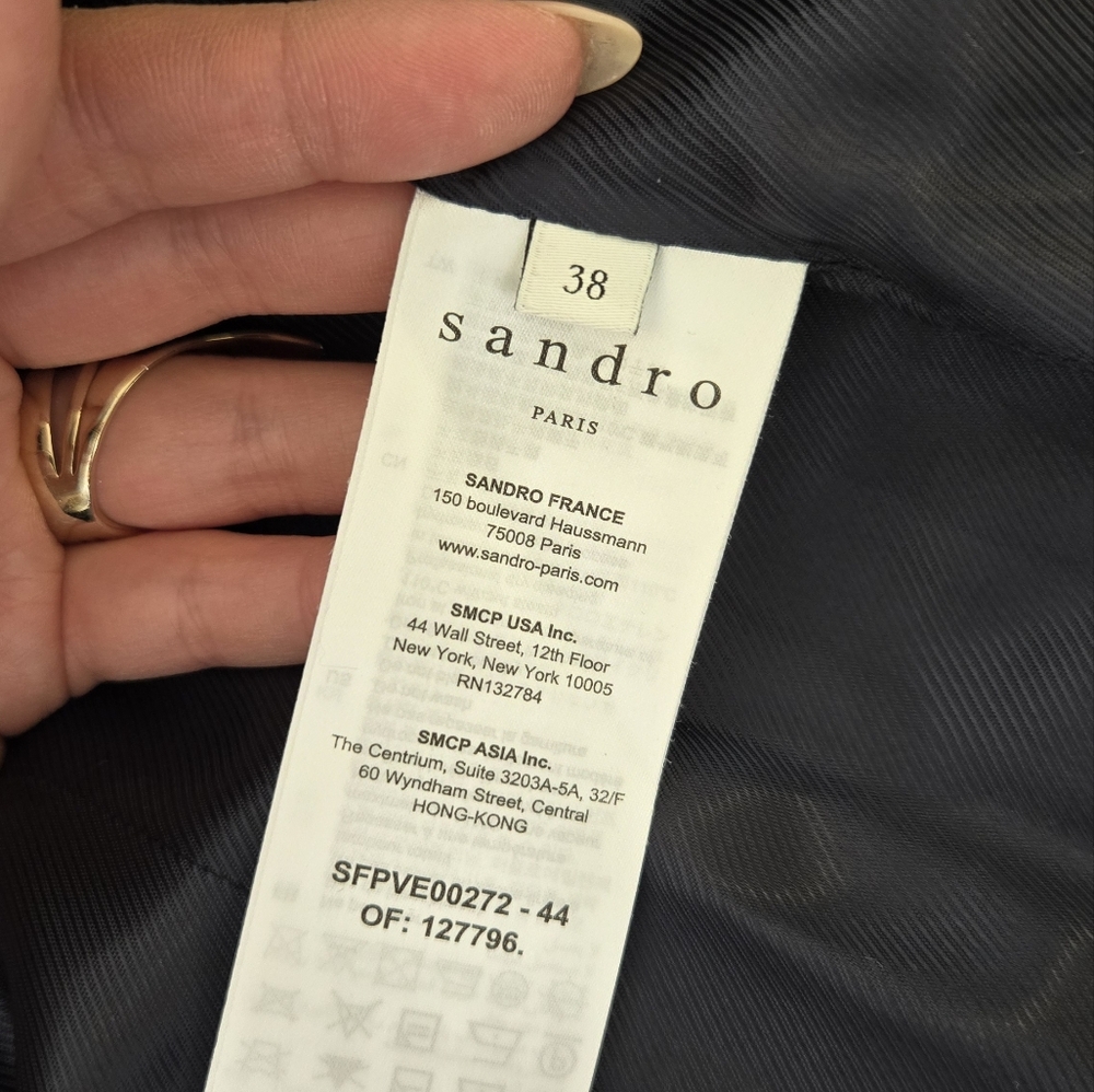 Sandro Oversized Midnight Blue Blazer With Black Satin Lapels And Gold Accents - Picture 7 of 7